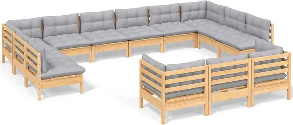 vidaXL Set mobilier grădină cu perne, 13 piese, gri, lemn de pin