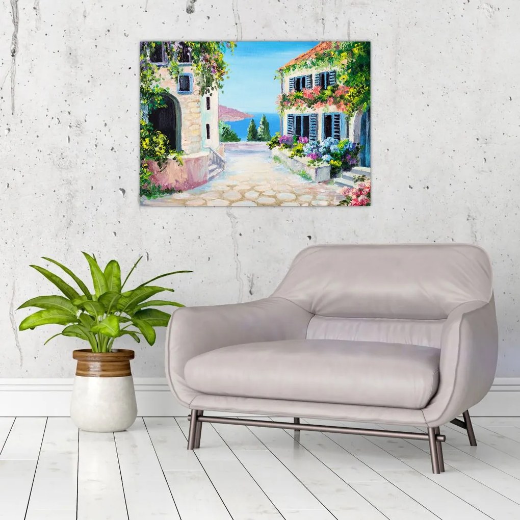 Tablou pe sticlă - Alee grecească, pictură în ulei (70x50 cm)