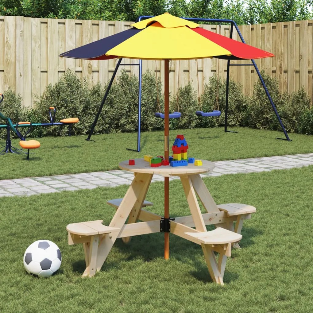 3281621 vidaXL Masă picnic pentru 4 copii cu umbrelă, rotundă, lemn masiv brad