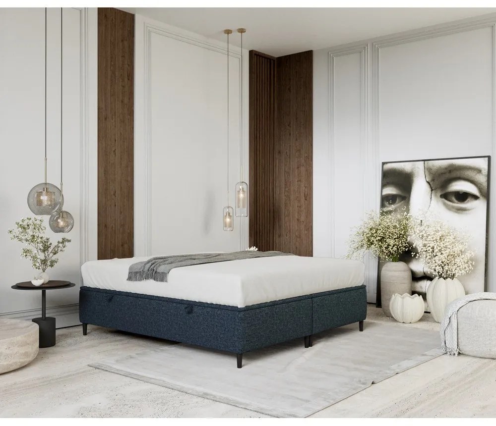 Pat matrimonial albastru închis tapițat cu spațiu de depozitare 160x200 cm Tate – Maison de Rêve