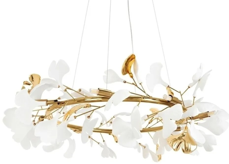 Lustra Suspendata, Metal Auriu, Petale Flori Albe Ceramice, FLORA 80