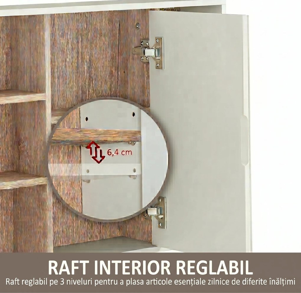 HOMCOM Dulap cu Oglinda din MDF si PAL, Dulap de Baie cu 3 Rafturi Laterale si Raft Interior Reglabil, 60x14.5x49.4 cm, Alb si Lemn Natur | Aosom RO