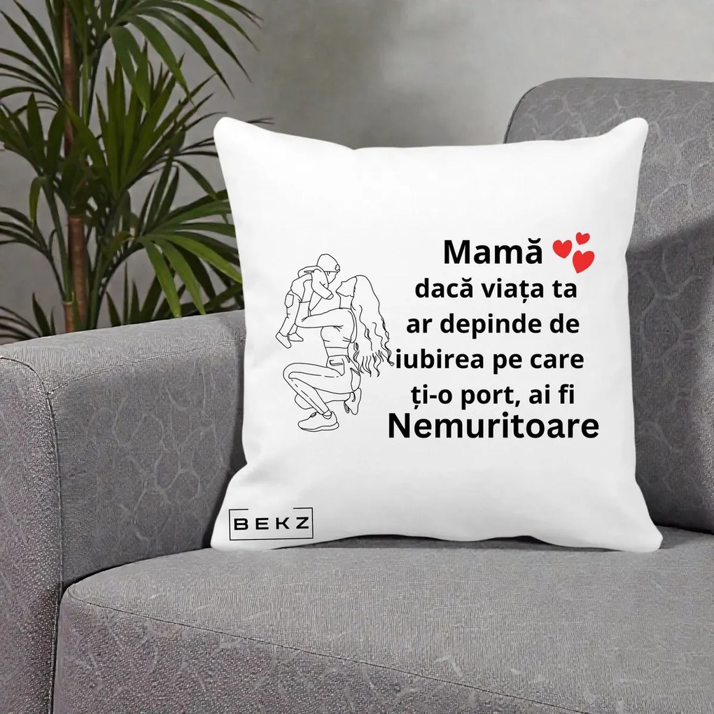 Cadou pentru Mama - Perna Personalizata Mama Nemuritoare Portret Graphic, 40x40 cm, Alba Mata, Husa Detasabila, Perna Inclusa, BEKZ®
