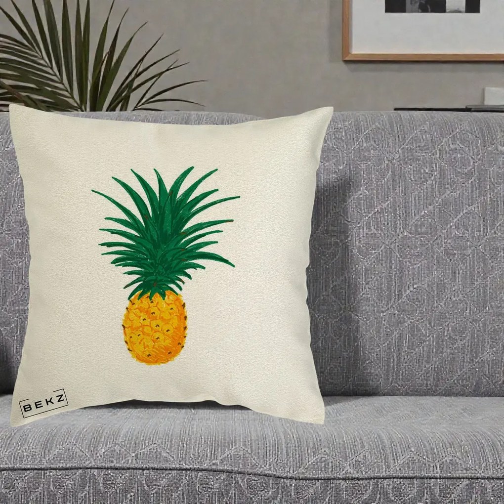 Perna Decorativa Ananas Tropical, 40x40 cm, Ecru, Husa Detasabila, Perna Inclusa, BEKZ®