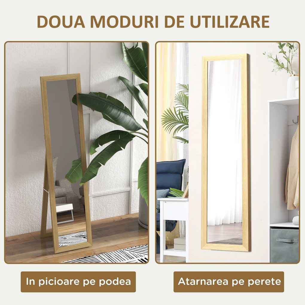 HOMCOM Oglindă cu Ramă din MDF, Picioare și Cârlige pentru Utilizare pe Podea sau pe Perete, 37x40x155 cm, Lemn Natural | Aosom Romania