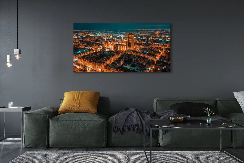 Tablouri canvas panorama de noapte a bisericii Gdańsk