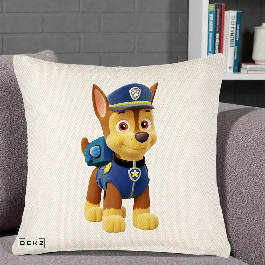 Perna Personalizata Chase PAW Patrol Albastru, 40x40 cm, Crem Reliefat, Husa Detasabila, Perna Inclusa, BEKZ®