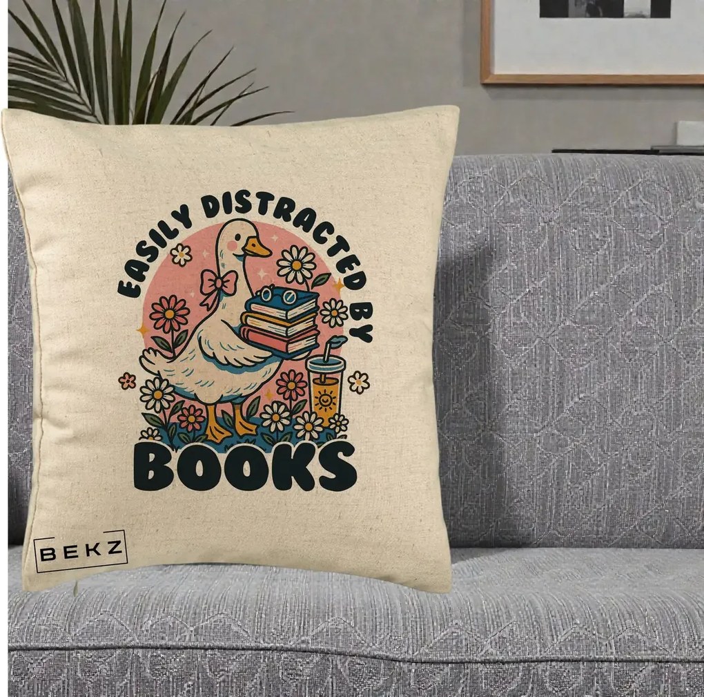 Perna Personalizata Easily Distracted by Books, 40x40 cm, Bej, Husa Detasabila, Perna Inclusa, BEKZ®