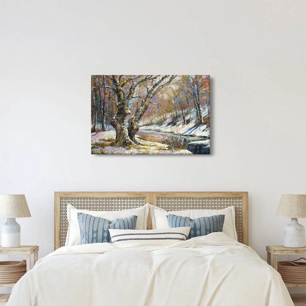 Tablou cu peisaj de iarnă pictat (90x60 cm)
