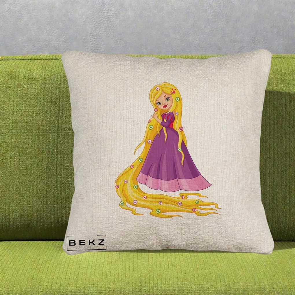 Perna Personalizata Rapunzel Par Lung Floral, 40x40 cm, Bej Canapea, Husa Detasabila, Perna Inclusa, BEKZ®