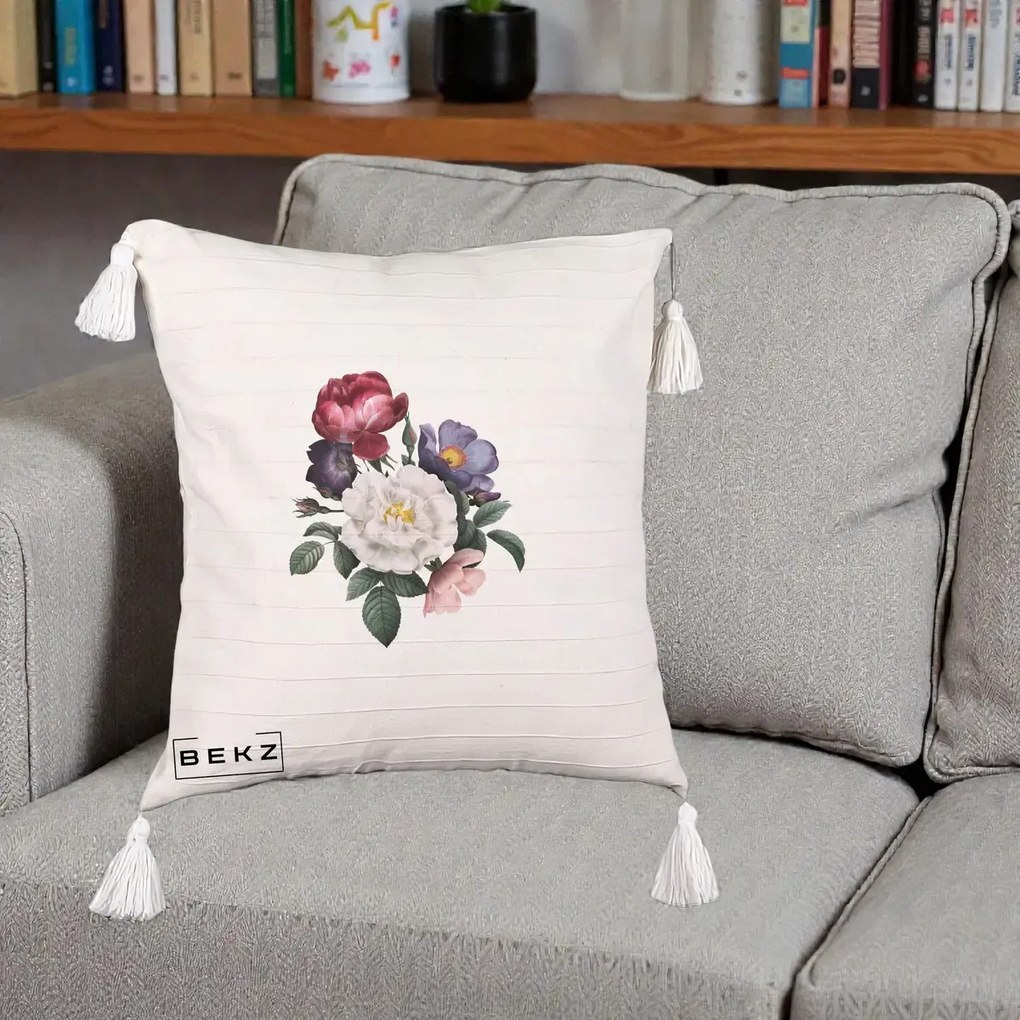 Perna Decorativa Buchet Trandafiri Bujori Botanical, 40x40 cm, Bej cu Franjuri, Husa Detasabila, Perna Inclusa, BEKZ®