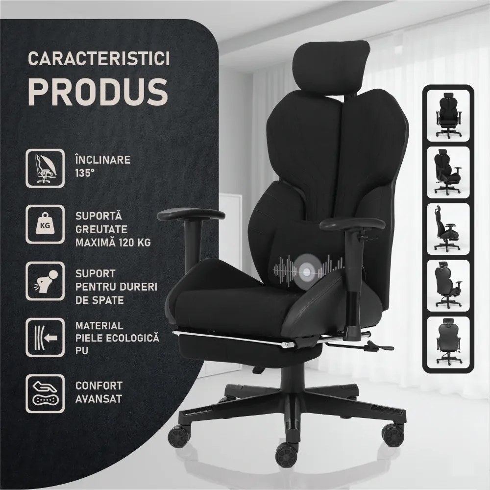 LUMINA X-Motion Relax – Confort Ergonomic cu Masaj Lombar și Relaxare Extinsă, Textil, Negru