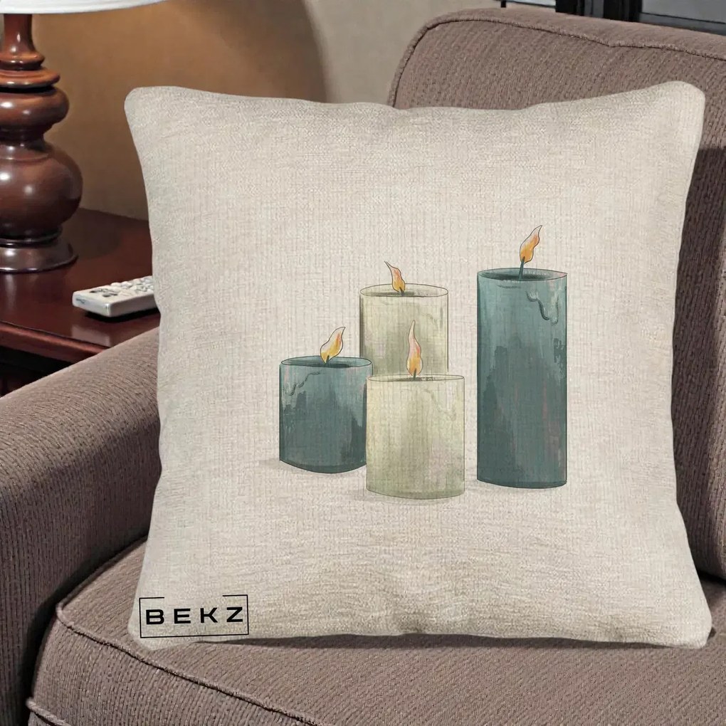 Perna Decorativa Lumanari Hygge Alb-Verde, 40x40 cm, Bej Canapea, Husa Detasabila, Perna Inclusa, BEKZ®