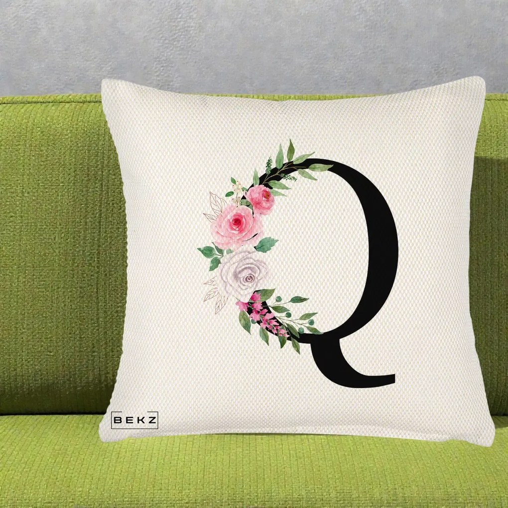 Cadou Personalizat - Perna Personalizata Monograma Florala Litera Q, 40x40 cm, Crem Reliefat, Husa Detasabila, Perna Inclusa, BEKZ®