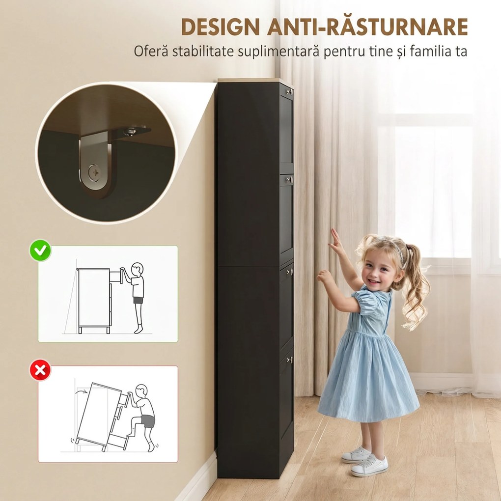 HOMCOM Pantofar Compact cu 4 Sertare și Rafturi Reglabile pe 2 Niveluri, 60 x 23,5 x 153,3 cm, Negru | Aosom Romania