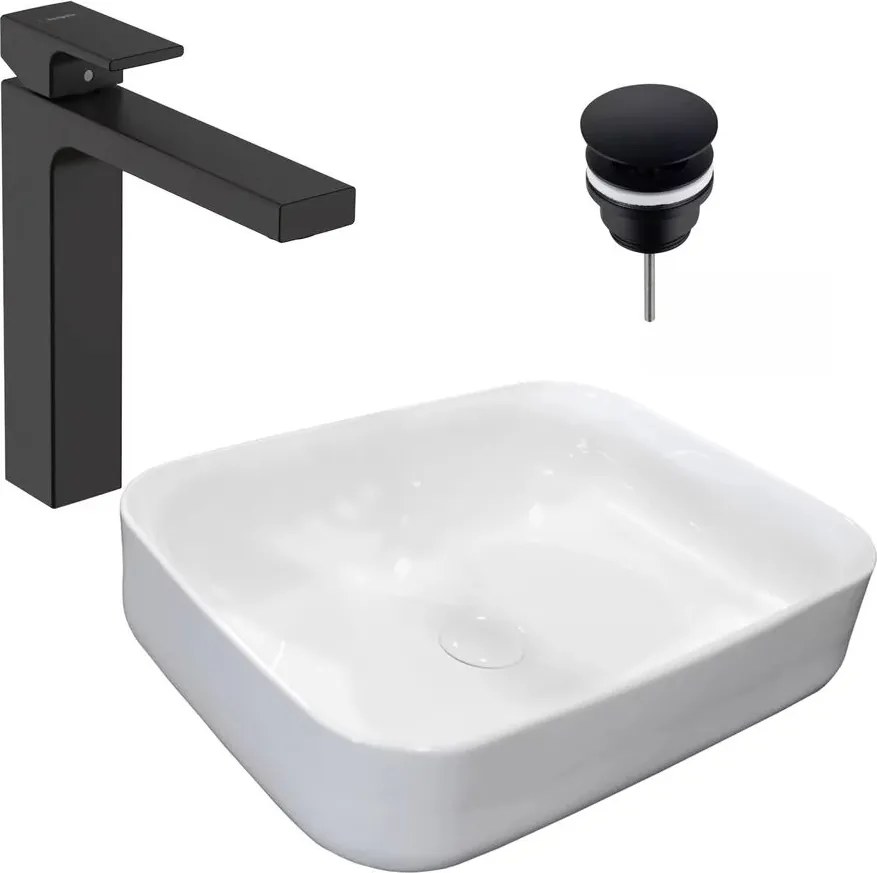 Pachet lavoar pe blat Rea Demi Slim alb 51 cm, baterie lavoar Hansgrohe Vernis Shape 190 negru si ventil lavoar Click-Clack negru