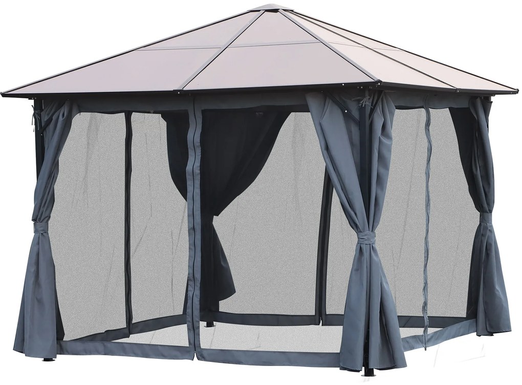 Outsunny Pavilion cu acoperiș din policarbonat, perdele cu plasă de insecte, structură de aluminiu, gri închis, 3 x 3 m | Aosom Romania