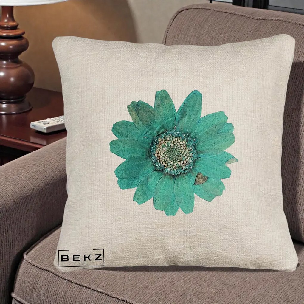 Perna Decorativa Floare Gerbera Teal Acuarela, 40x40 cm, Bej Canapea, Husa Detasabila, Perna Inclusa, BEKZ®