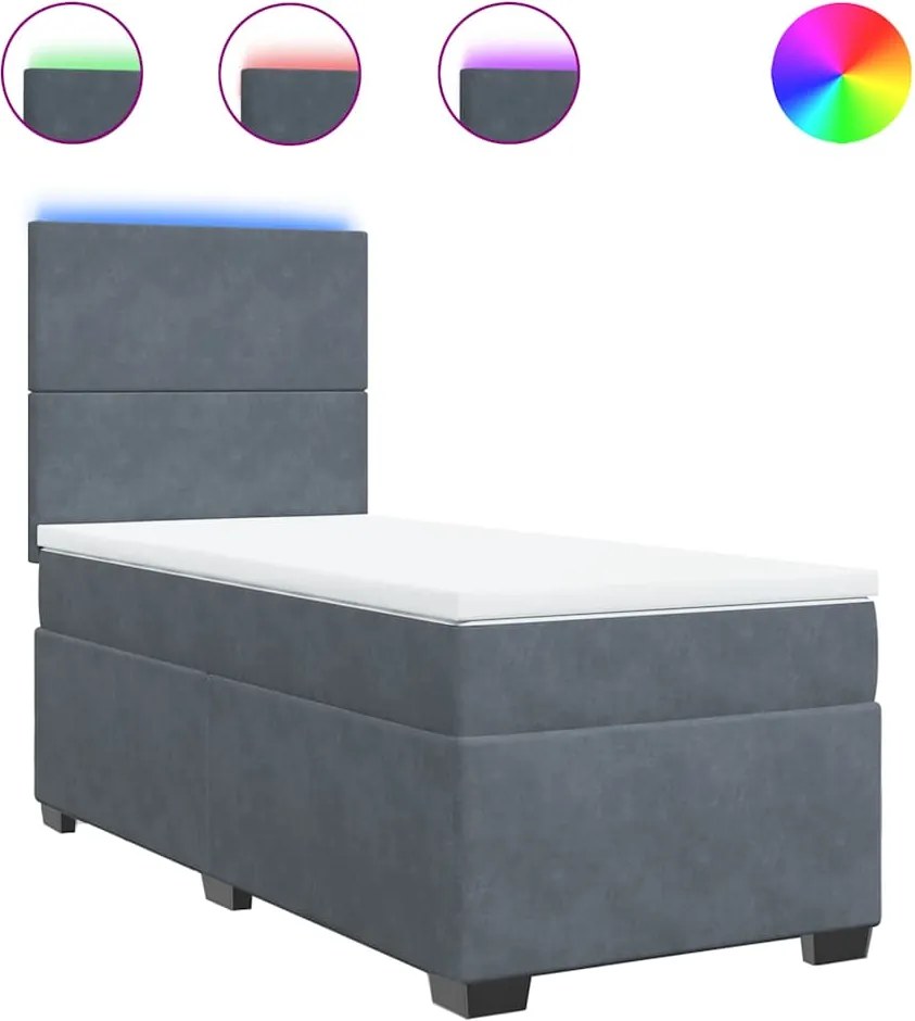 vidaXL Pat box spring cu saltea, gri închis, 90x200 cm, catifea