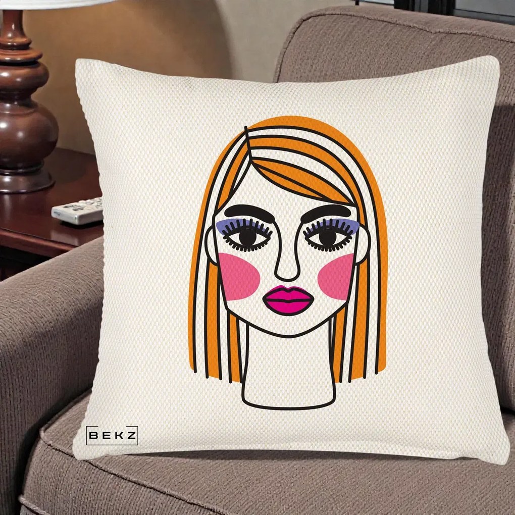 Perna Decorativa Portret Pop Art Fata, 40x40 cm, Crem Reliefat, Husa Detasabila, Perna Inclusa, BEKZ®