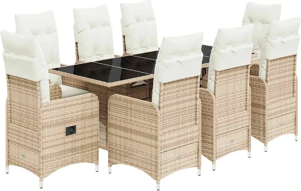 vidaXL Set bistro de grădină, 9 piese, cu perne, bej, poliratan