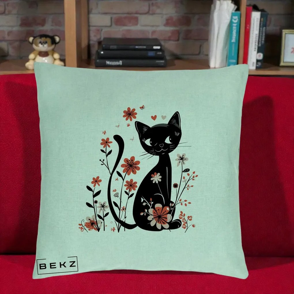 Perna Decorativa Pisica Neagra Flori Roz si Inimi, 40x40 cm, Verde Menta, Husa Detasabila, Perna Inclusa, BEKZ®