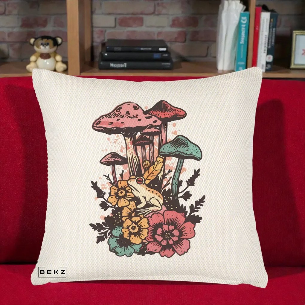 Perna Decorativa Ciuperci si Broaste Boho, 40x40 cm, Crem Reliefat, Husa Detasabila, Perna Inclusa, BEKZ®