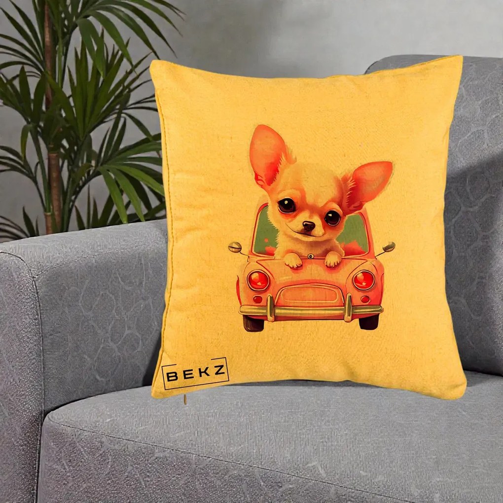 Perna Decorativa Chihuahua Roz in Masinuta, 40x40 cm, Galben, Husa Detasabila, Perna Inclusa, BEKZ®