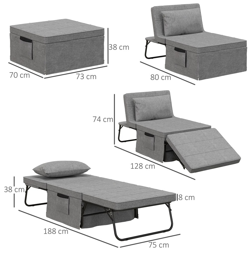 HOMCOM Pat Pliabil Multifuncțional 4 în 1, Șezlong cu Economie de Spațiu, cu Spătar Rabatabil pe 5 Niveluri, 188x75x38 cm, Gri | Aosom Romania