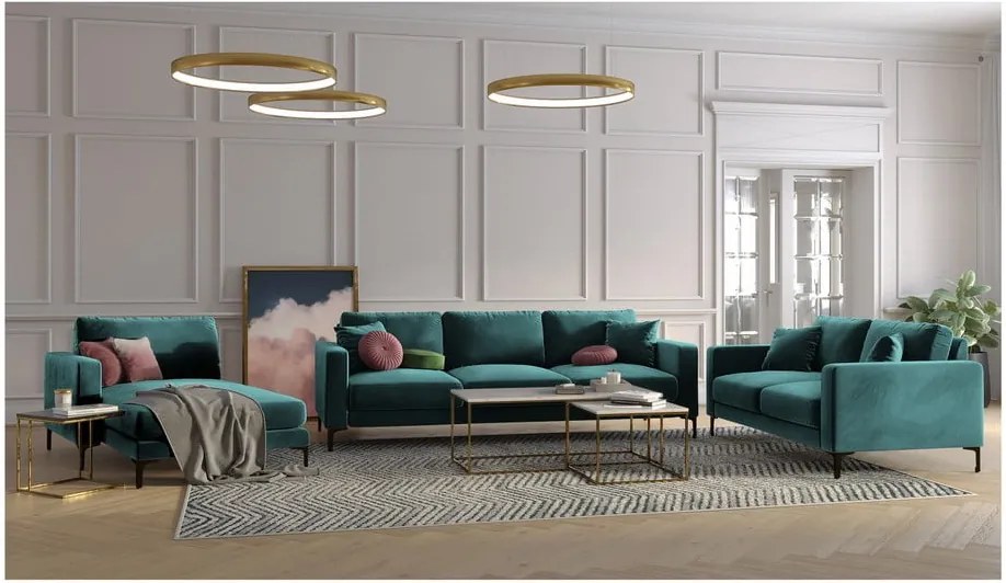 Șezlong cu tapițerie din catifea Kooko Home Harmony, colț pe stânga, albastru turcoaz
