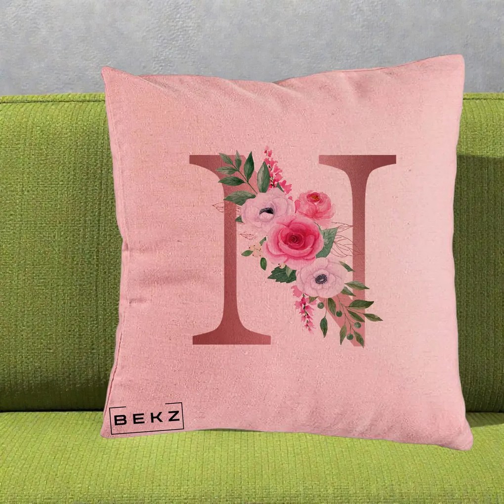 Cadou Personalizat - Perna Personalizata Monograma Rose Gold Litera N, 40x40 cm, Roz, Husa Detasabila, Perna Inclusa, BEKZ®