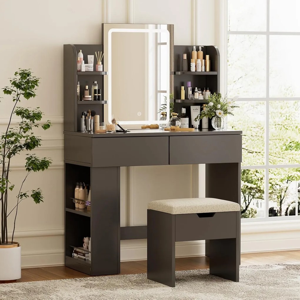 SER203 - Set Masa toaleta 90 cm, 2 Sertare, Oglinda cu LED, masuta vanity, make-up - Alb / Negru / Roz