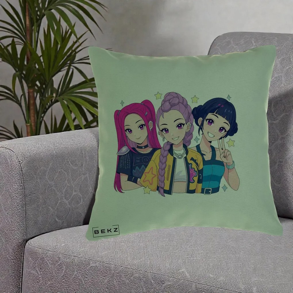 Perna Personalizata K-pop HUNTRX Trio Anime Stele, 40x40 cm, Verde, Husa Detasabila, Perna Inclusa, BEKZ®