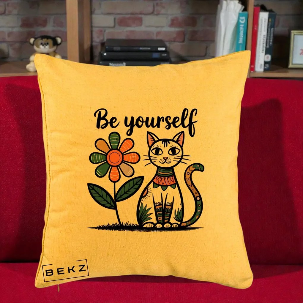 Perna Personalizata Be Yourself Pisica Folk, 40x40 cm, Galben, Husa Detasabila, Perna Inclusa, BEKZ®