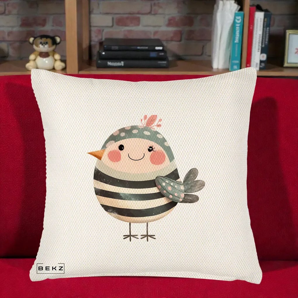 Perna Decorativa Pui Kawaii Teal cu Flori, 40x40 cm, Crem Reliefat, Husa Detasabila, Perna Inclusa, BEKZ®