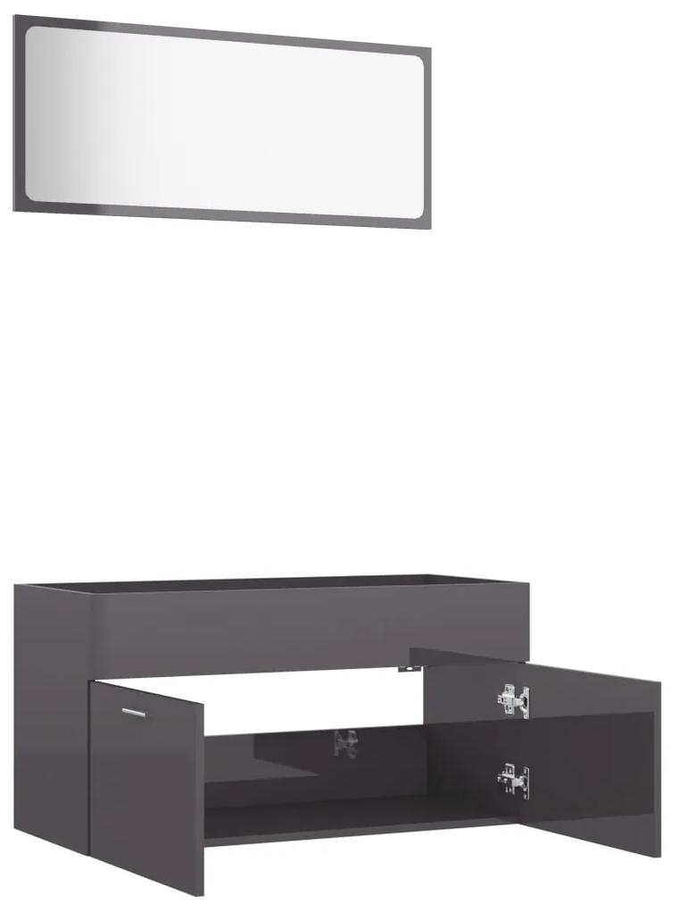 Set mobiler de baie, 2 piese, gri extralucios, PAL gri foarte lucios, Dulap pentru chiuveta + oglinda, 1