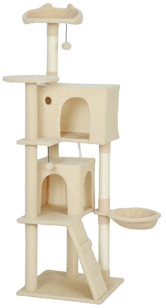 PawHut Copac zgârietură pentru pisici 160 cm cu 2 căsuțe, hamac și stâlpi sisal — Bej | Aosom Romania