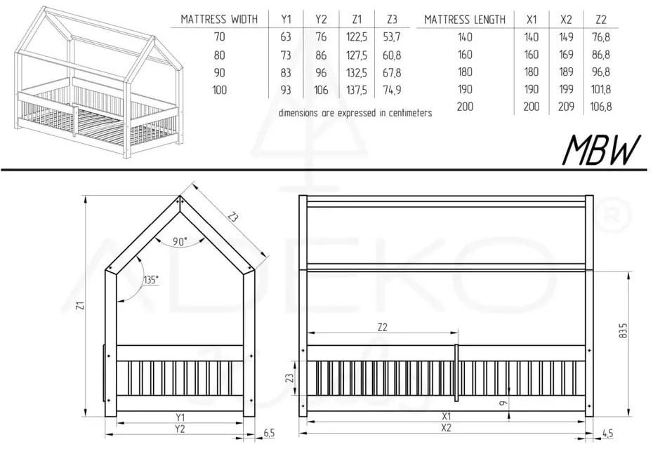 Pat pentru copii în culoare naturală de tip casă din lemn de pin 120x200 cm Mila MBW – Adeko