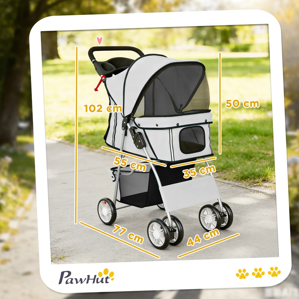 PawHut Cărucior pentru Câini Pliabil cu Husă de Ploaie, Roți Rotative și Pernuță Lavabilă, 77x44x102cm, Gri | Aosom Romania