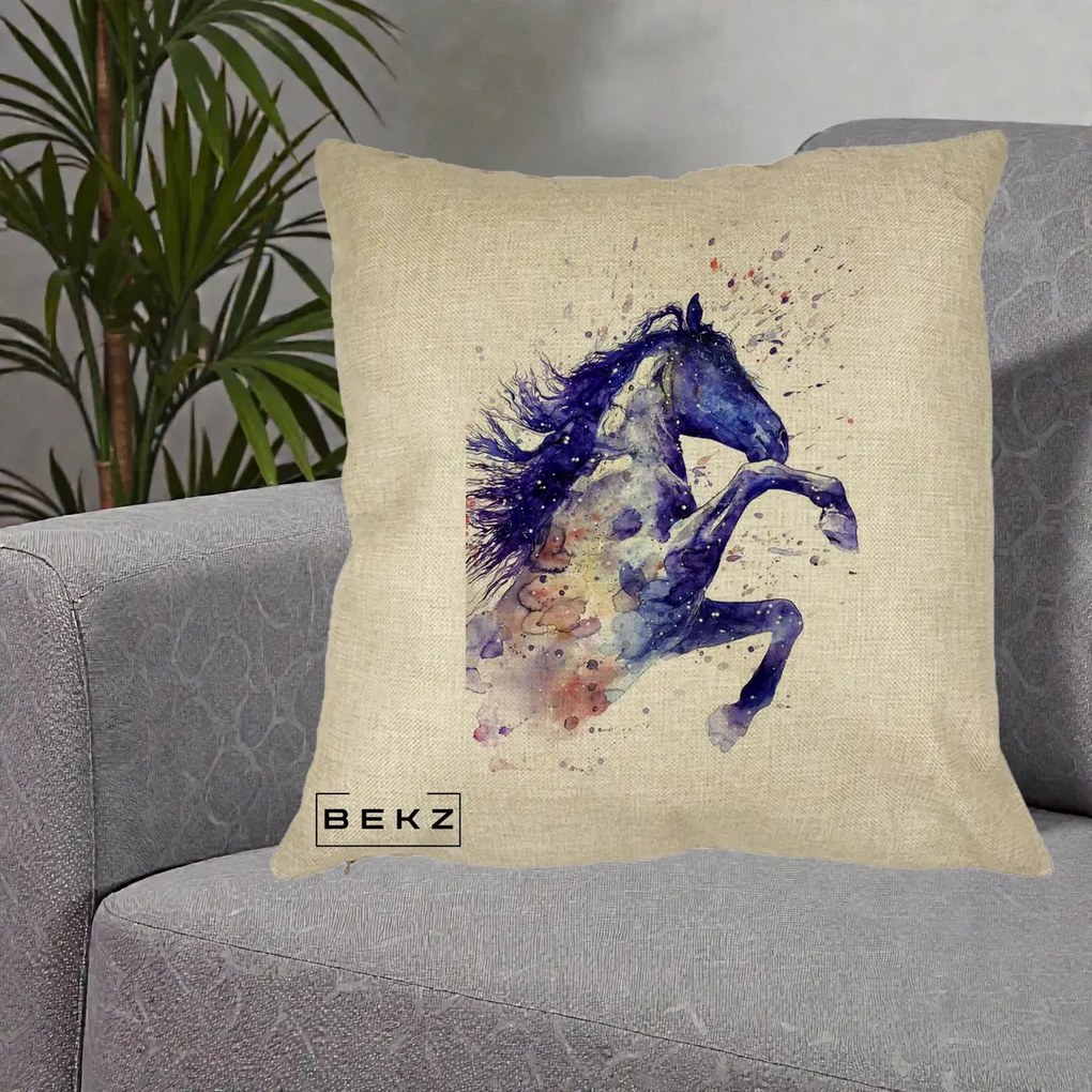 Perna Decorativa Cal Albastru Acuarela, 40x40 cm, Crem, Husa Detasabila, Perna Inclusa, BEKZ®
