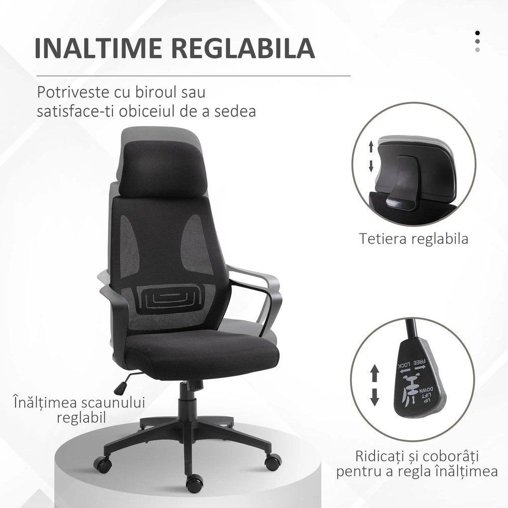 Vinsetto Scaun de Birou Ergonomic cu Brațe și Tetieră Reglabilă, Scaun Pivotant cu Suport Lombar, 64x55x116-126 cm, Negru | Aosom Romania