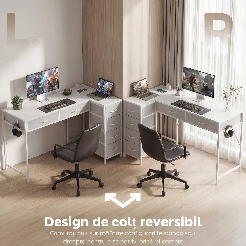 HOMCOM Birou de Colț Reversibil cu Prize și Porturi USB, 126x48 cm, Birou în Formă de L cu 6 Sertare din Material Textil, Cârlig Lateral, pentru Computer, Birou, Cameră, Alb | Aosom Romania