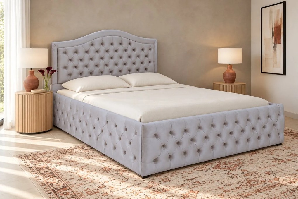 Pat tapițat Chesterfield din catifea Solaria Deluxe 200×200 cm, gri deschis, cu ladă de depozitare