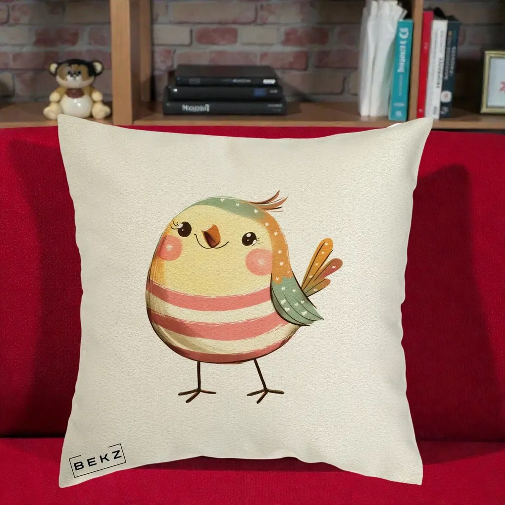 Perna Decorativa Pui Kawaii Pastel Dungat, 40x40 cm, Ecru, Husa Detasabila, Perna Inclusa, BEKZ®