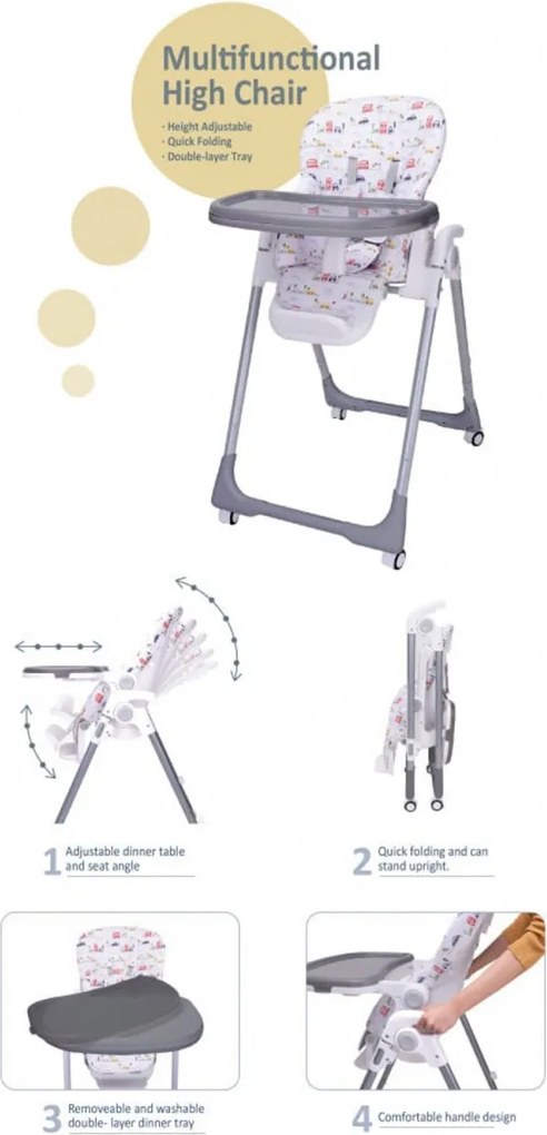 Scaun de masa pentru copii si bebe NOVOKIDS™ Go baby reglabil in 6 trepte de inaltime , Pliabil , Centura de siguranta, Sezut comfortabil, Masuta