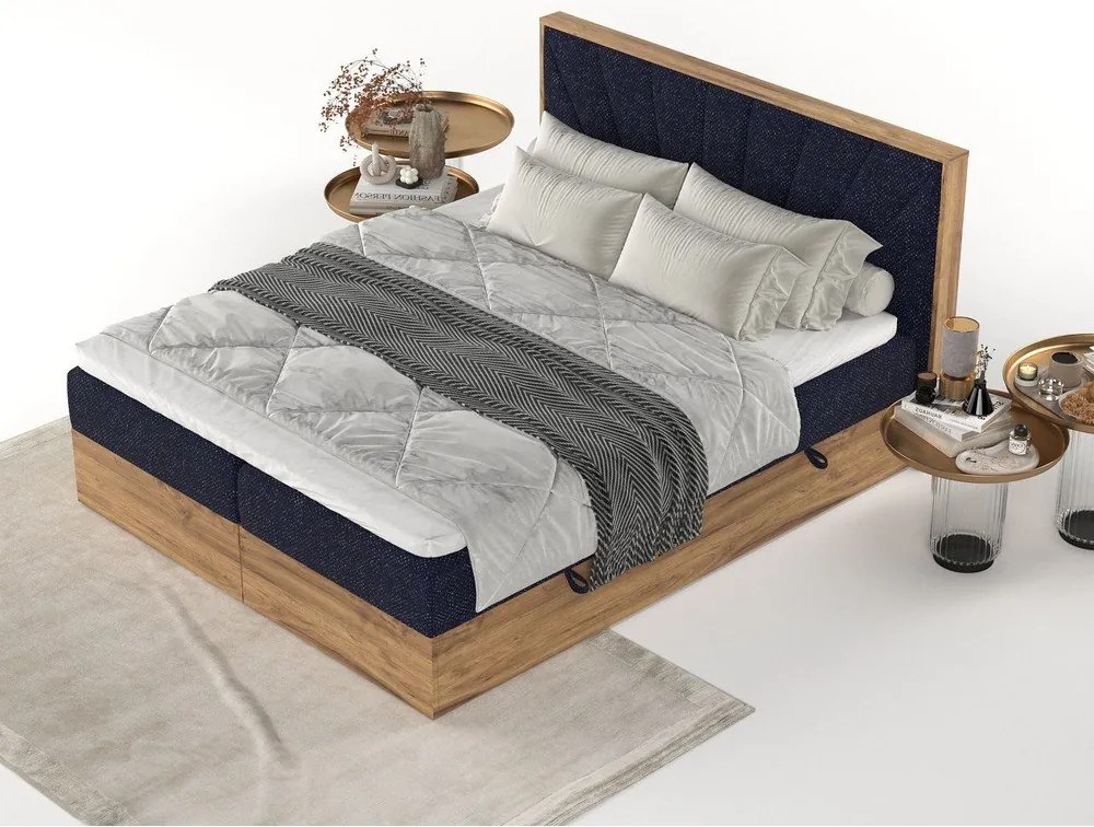 Pat boxspring albastru închis/în culoare naturală cu spațiu de depozitare 200x200 cm Asahi – Maison de Rêve