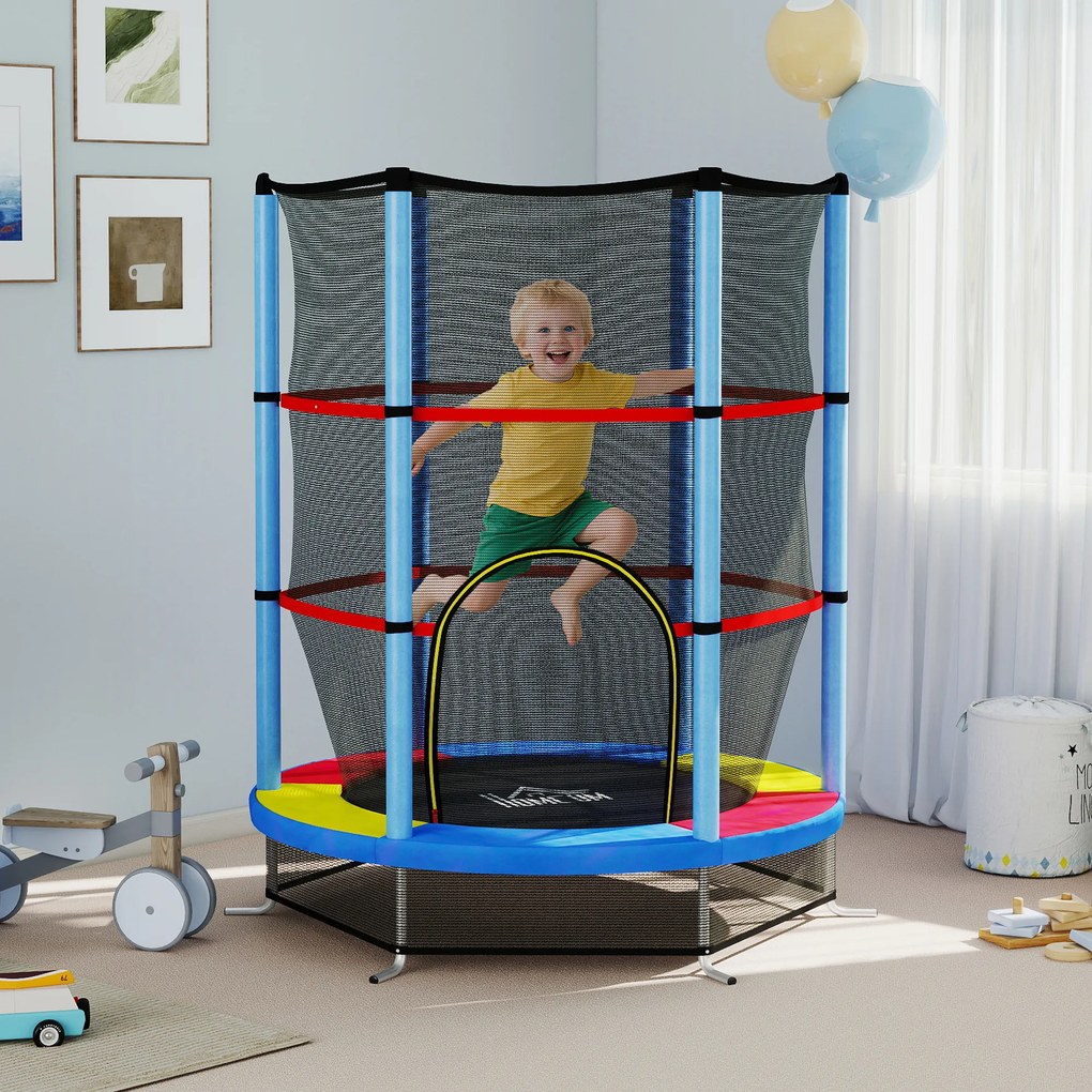 HOMCOM Saltea Elastică pentru Copii 3-6 Ani cu Plasă de Protecție, 6 Stâlpi și 3 Intrări, Ø140x190 cm, Multicolor | Aosom Romania