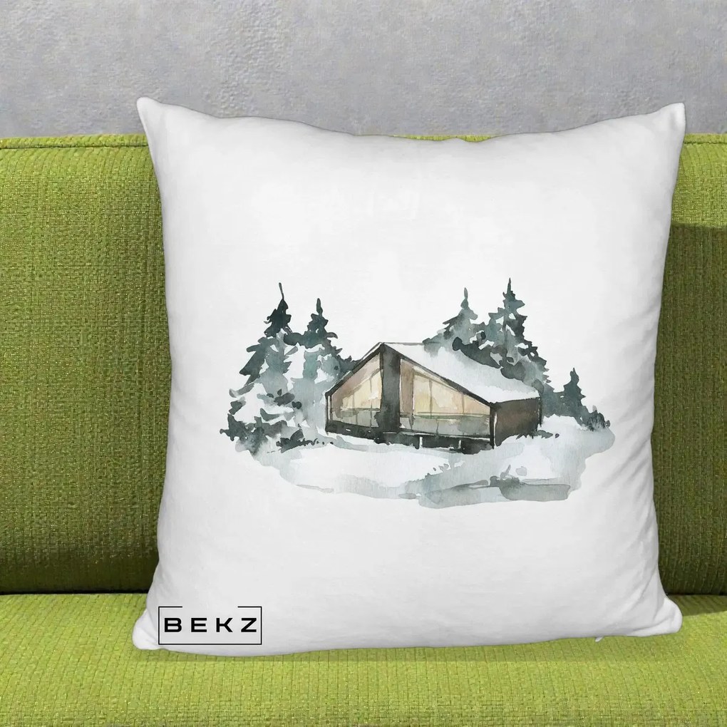 Perna Decorativa Cabana de Iarna in Padure, 40x40 cm, Alb Pufos, Husa Detasabila, Perna Inclusa, BEKZ®