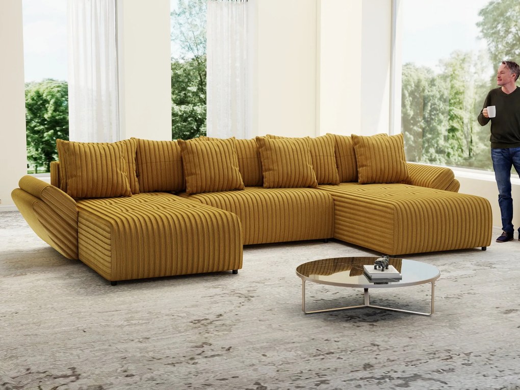 Colțar extensibil dumonde cu ladă de depozitare si sezut confortabil din spuma high-density, Berlin U Ambiance Mustar 380x180 cm