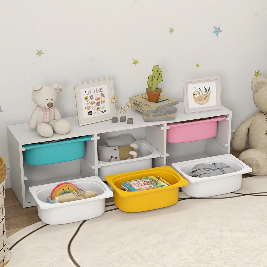AIYAPLAY Raft pentru Jucării din Lemn cu 6 Recipiente Detașabile din Plastic, Multicolor | Aosom Romania